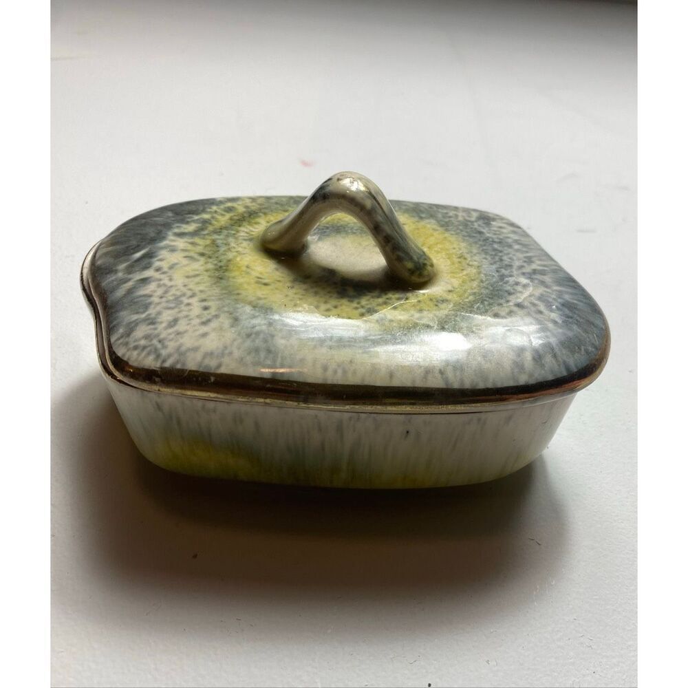 Vintage West Germany Ceramic Lidded Dish Drip Glaze Green Yellow Trinket Box